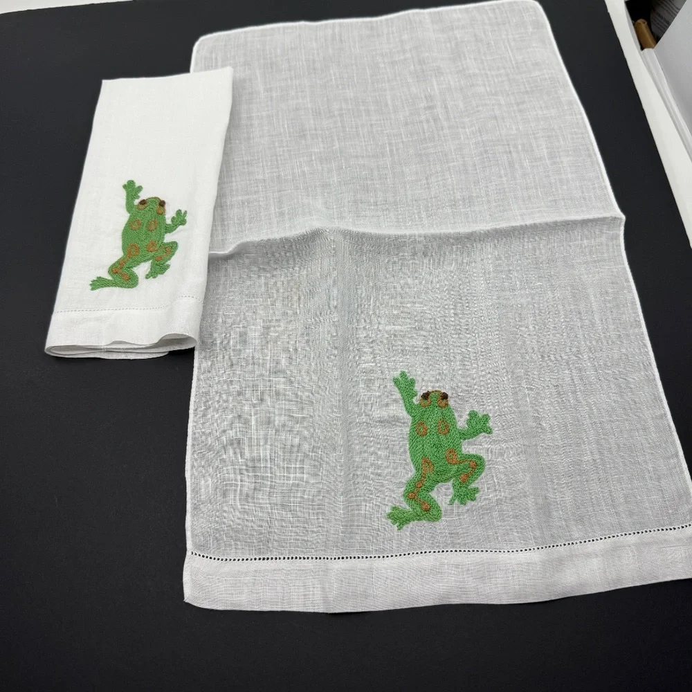 Vintage, 2 Unused White Madeira Linen , Embroidered Frog Finger Tip Guest Towels
